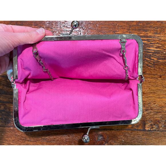 VTG Flamingo Clutch / Handbag / Coin Purse, Pink, Pastel Blue, Silver Chain - Picture 5 of 9